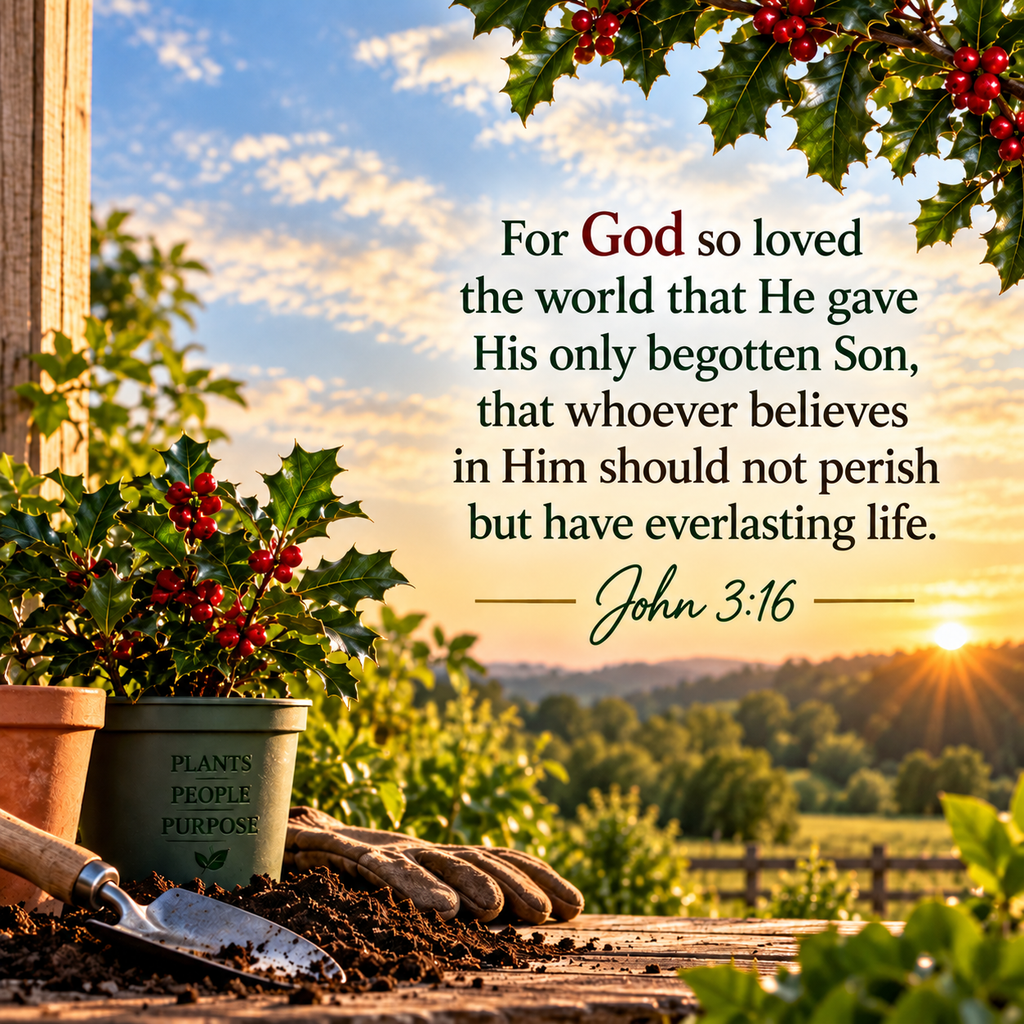 John 3:16 displayed beside a holly plant at Living Holly Ranch & Nursery