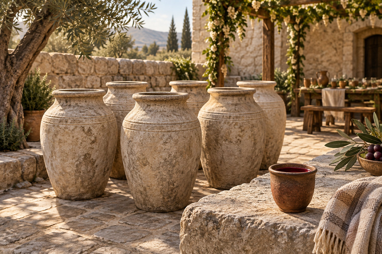 Artistic depiction of six stone purification jars at Cana, with a cup of red wine in the foreground.