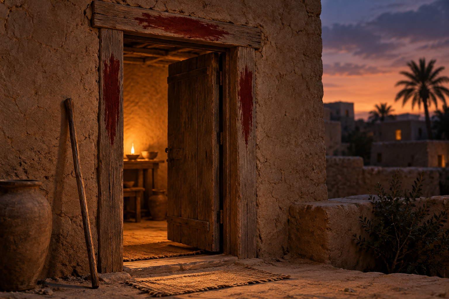 Artistic depiction of a Passover doorway marked on its lintel and doorposts, with warm lamplight and a walking staff.