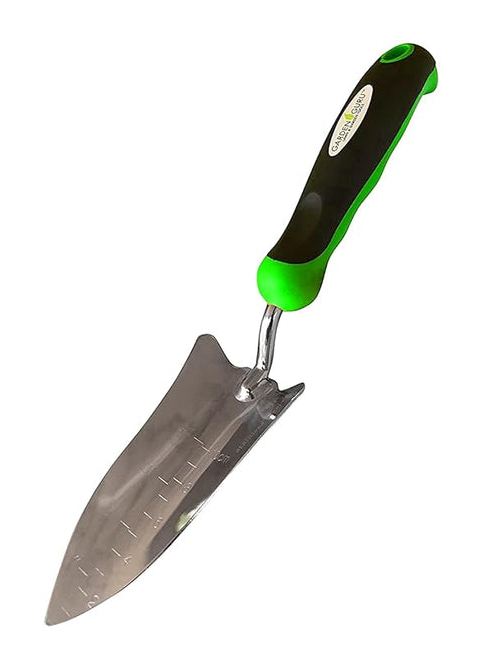 Garden Guru transplanter with a narrow pointed blade, depth markings, and black-and-green handle.