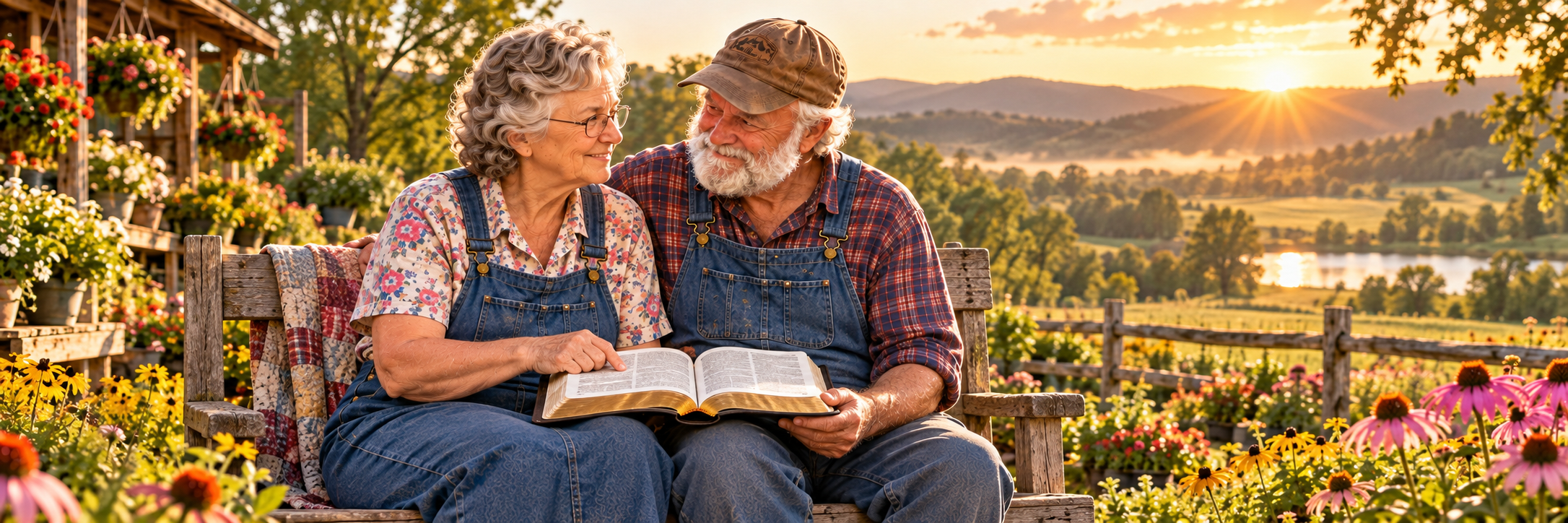Grandma and Grandpa share an open Bible on a garden bench overlooking the countryside at sunrise.