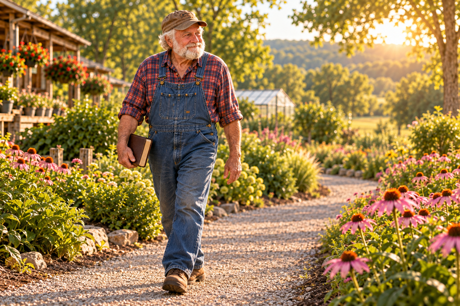 Grandpa walks along a flower-lined garden path carrying his Bible in the morning light.