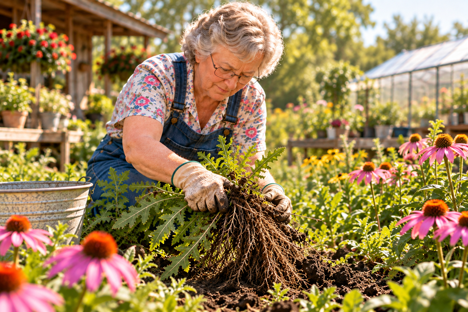 Grandma pulls a stubborn weed from the nursery garden, lifting its full branching roots from the soil.