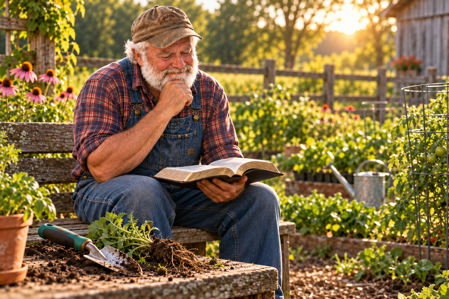 Grandpa reflects over an open Bible in the garden, with an uprooted weed and trowel beside him.