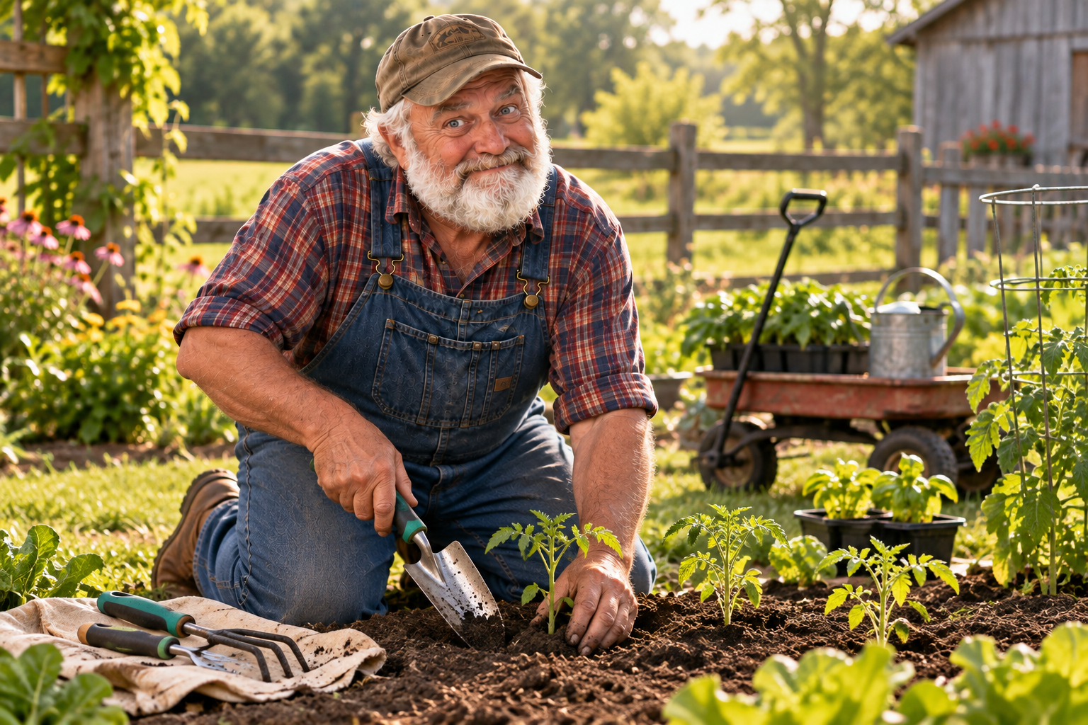 Living Holly’s Grandpa using a hand trowel to plant a seedling