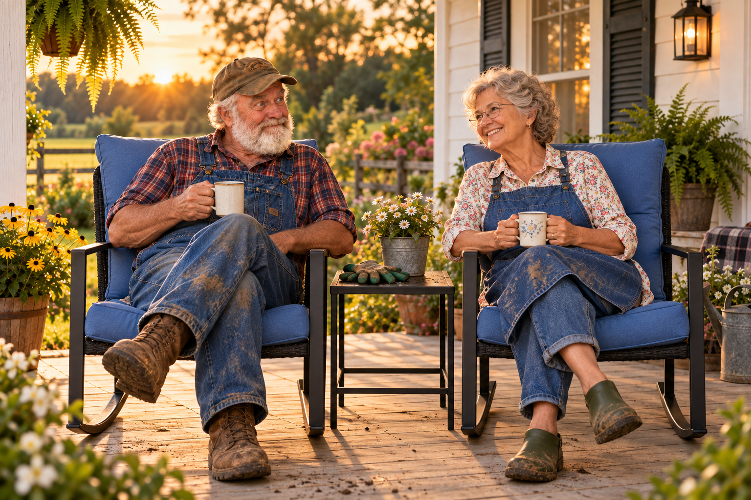 Living Holly’s Grandpa and Grandma relaxing in blue-cushioned rocking chairs on the porch