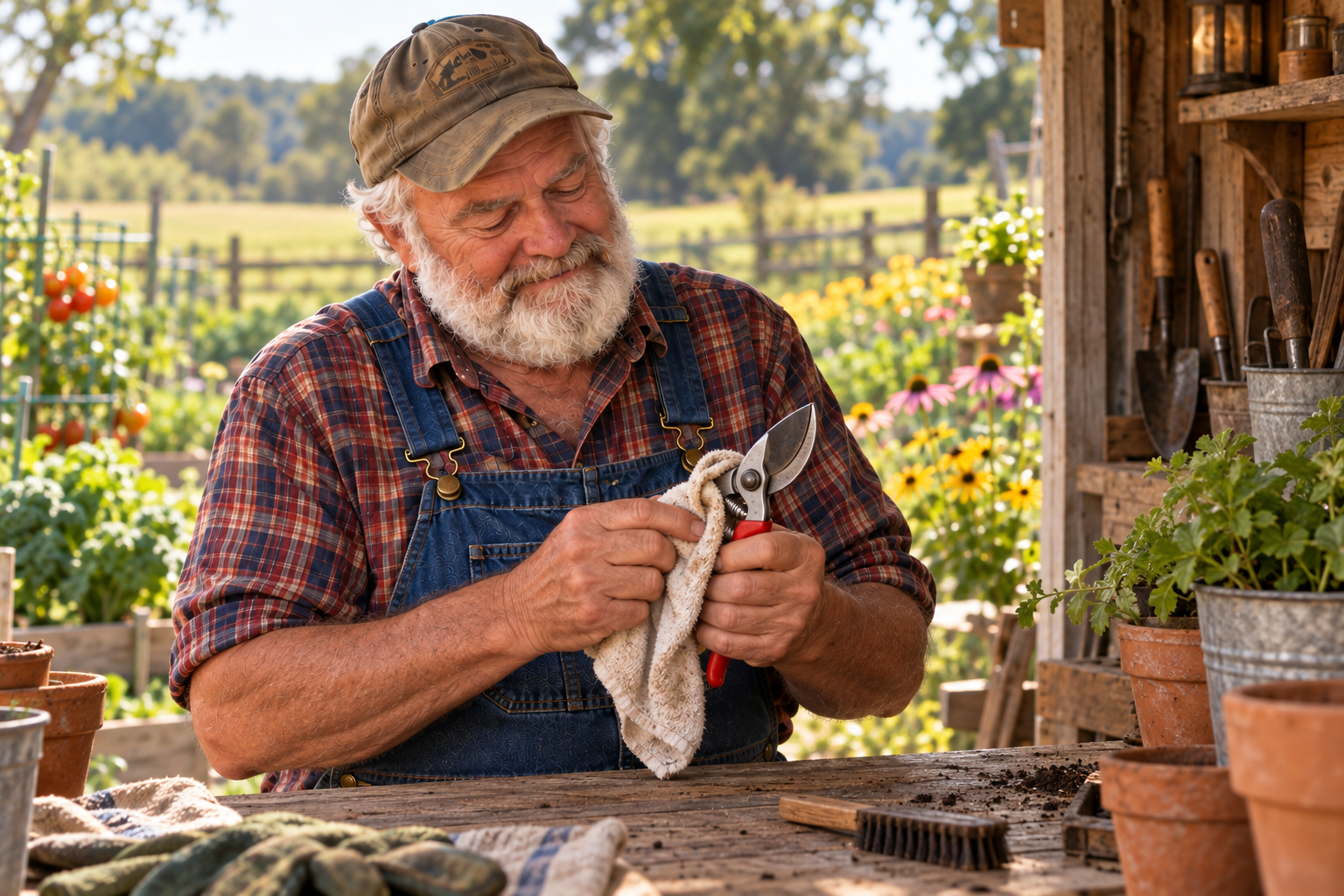 Living Holly’s Grandpa cleaning his bypass pruners at a garden workbench