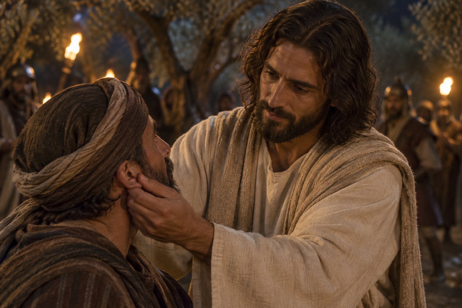 Artistic depiction of Jesus gently healing Malchus in a torchlit olive grove.