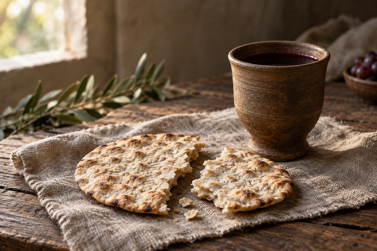 Broken unleavened bread beside an earthenware cup of red wine on a linen-covered wooden table.