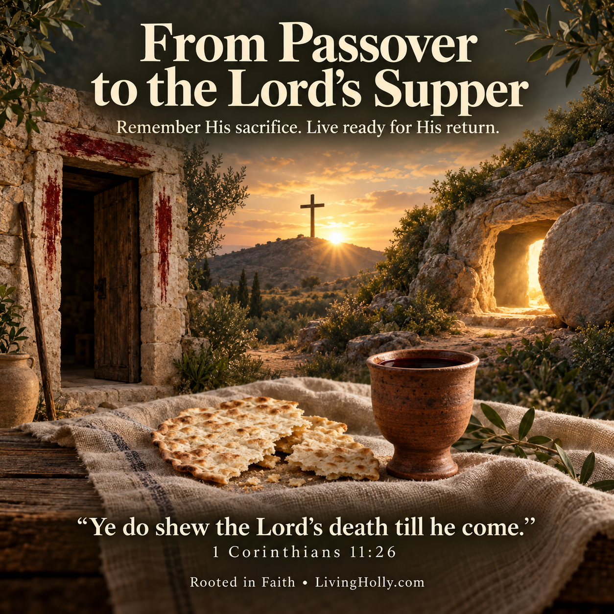 From Passover to the Lord’s Supper: a marked doorway, the cross, an empty tomb, and bread and cup. Remember His sacrifice. Live ready for His return. 1 Corinthians 11:26.