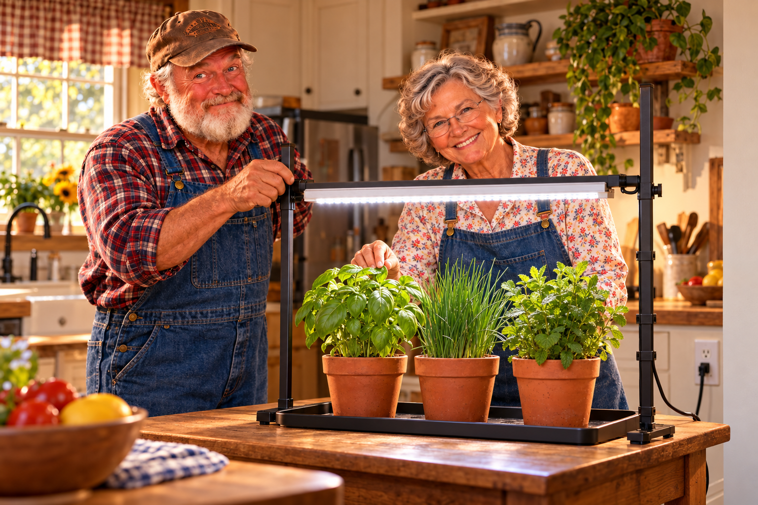 Grandpa and Grandma set up an adjustable LED light over separate pots of basil, chives, and mint.