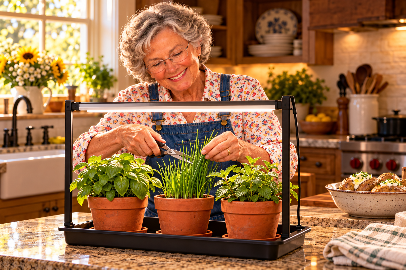 Grandma snips chives for supper from her small indoor herb garden.